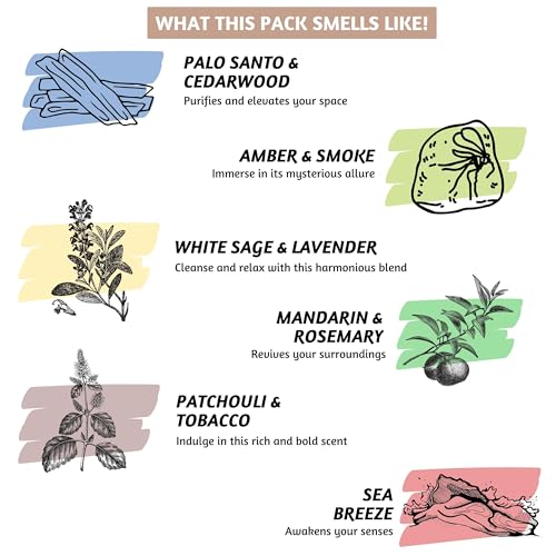 Folkulture Incense Sticks - Set of 6 Insenses (120 Insence Sticks) - Palo Santo & Sandalwood, White Sage, Lavender, Patchouli, Rosemary, Blue Lotus Inscents or Inciensos, Sleep Incents