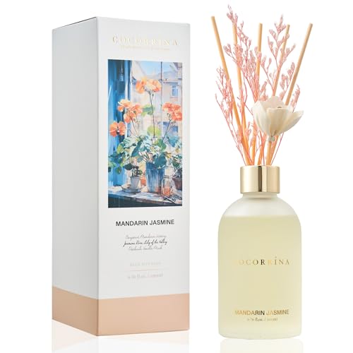 COCORRÍNA Reed Diffuser - Mandarin Jasmine 6.76 oz Flower Reed Diffuser Set with 8 Sticks - Home Fragrance Bedroom Bathroom Shelf Decor