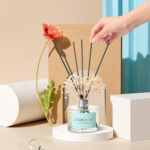 L'odeur Vill Reed Diffuser, 6.7 oz(200ml) Jasmine & Lily Scented Diffuser with 6 Oil Diffuser Sticks, Home Fragrance Essential Oil Reed Diffuser Set for Home Large Rooms Bathroom Shelf Decor