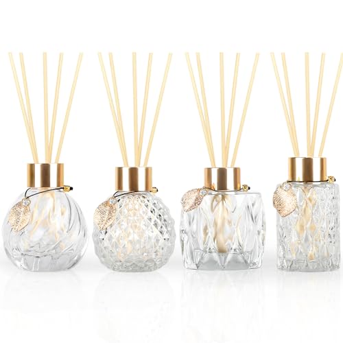 TRIFOLIC 4Pcs Reed Diffuser Set with Metal Golden Decoration, Empty Reed Diffuser Bottles with 20Pcs Reed Diffuser Sticks, Unique Design Bottles for Home and Office(4 Pcs Different Bottles)