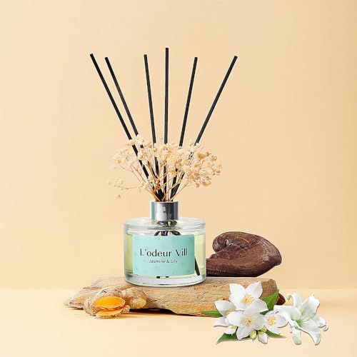 L'odeur Vill Reed Diffuser, 6.7 oz(200ml) Jasmine & Lily Scented Diffuser with 6 Oil Diffuser Sticks, Home Fragrance Essential Oil Reed Diffuser Set for Home Large Rooms Bathroom Shelf Decor