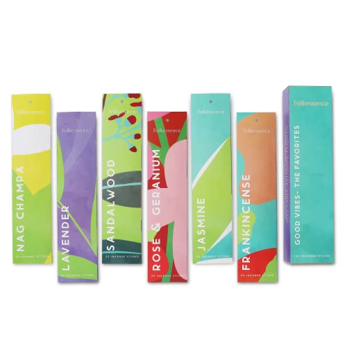 Folkulture Incense Sticks - Set of 6 Incenses (120 Sticks) for Purification - Lavender, Frankincense, Rose and Geranium, Jasmine, Sandalwood, Nag Champa - Famhouse Gift Box for Good Vibes