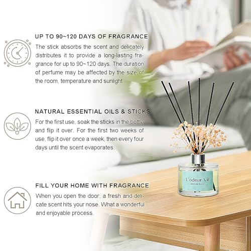 L'odeur Vill Reed Diffuser, 6.7 oz(200ml) Jasmine & Lily Scented Diffuser with 6 Oil Diffuser Sticks, Home Fragrance Essential Oil Reed Diffuser Set for Home Large Rooms Bathroom Shelf Decor