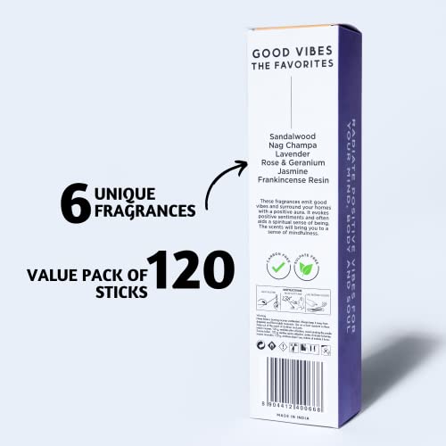Folkulture Incense Sticks - Set of 6 Incenses (120 Sticks) for Purification - Lavender, Frankincense, Rose and Geranium, Jasmine, Sandalwood, Nag Champa - Famhouse Gift Box for Good Vibes