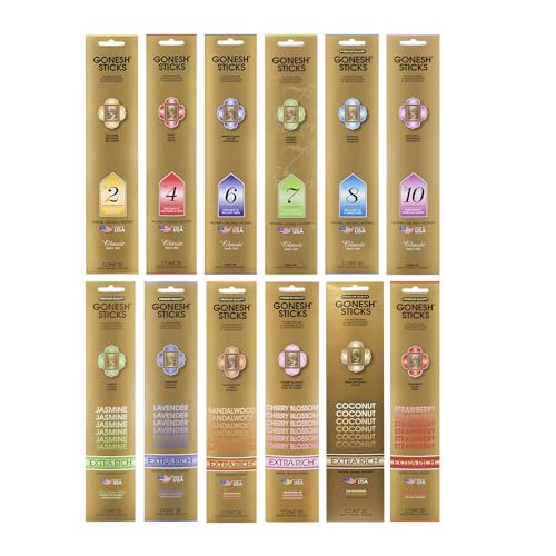 Gonesh - Incense Sticks Variety Pack - Non-toxic 10” Slow Burn Aromatic Sticks - Classic Collection & Extra Rich Collection - 12 Packs of 20 Sticks