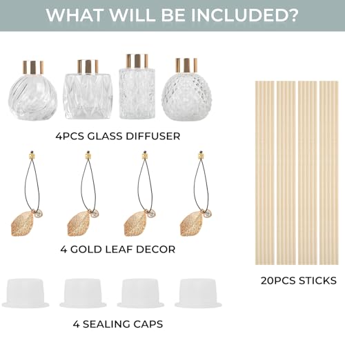 TRIFOLIC 4Pcs Reed Diffuser Set with Metal Golden Decoration, Empty Reed Diffuser Bottles with 20Pcs Reed Diffuser Sticks, Unique Design Bottles for Home and Office(4 Pcs Different Bottles)