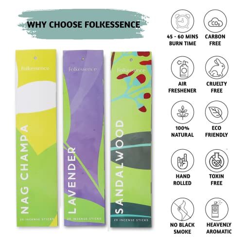 Folkulture Incense Sticks - Set of 6 Incenses (120 Sticks) for Purification - Lavender, Frankincense, Rose and Geranium, Jasmine, Sandalwood, Nag Champa - Famhouse Gift Box for Good Vibes