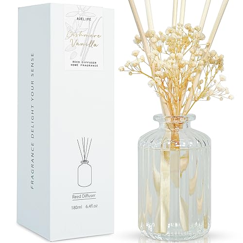 Auelife Reed Diffuser Set for Home, 6.4 oz Cashmere Vanilla Scented Diffuser with Sticks Preserved Real Flower Reed Diffuser Home Fragrance Essential Oil Reed Diffuser for Bathroom Shelf Decor