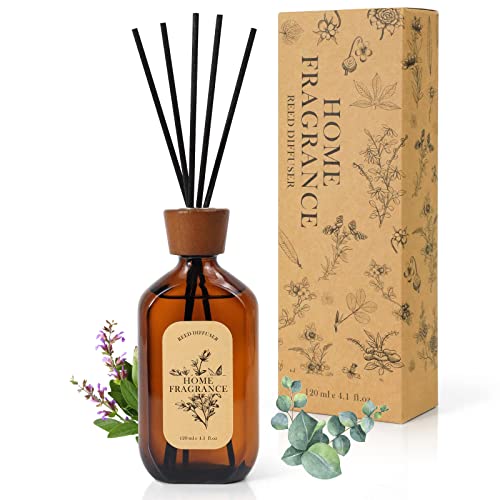 Reed Diffuser, Eucalyptus & Sage Reed Diffuser Scented includes 6 Rattan Scented Sticks Diffuser Reeds, Elegant Amber Glass Jar Reed Diffuser for Home Fragrance, 4.1 oz, Morther's Day Gift
