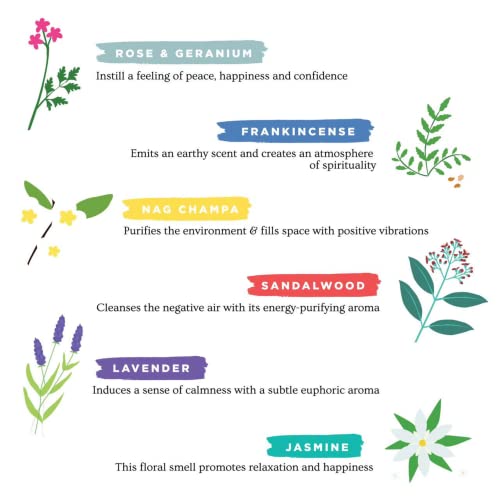 Folkulture Incense Sticks - Set of 6 Incenses (120 Sticks) for Purification - Lavender, Frankincense, Rose and Geranium, Jasmine, Sandalwood, Nag Champa - Famhouse Gift Box for Good Vibes