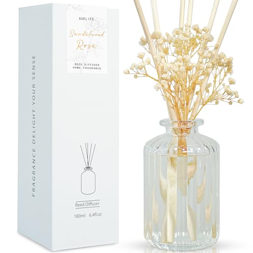 Auelife Reed Diffuser Set, 6.4 oz Sandalwood Rose Scented Diffuser with Sticks Preserved Real Flower Reed Diffuser Home Fragrance Essential Oil Reed Diffuser for Bathroom Shelf Decor.