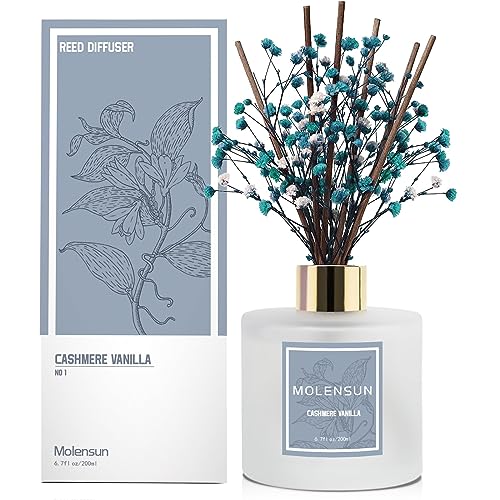 Molensun Reed Diffuser Set 6.7oz, Cashmere Vanilla Essential Oil Scented Diffuser with Sticks Preserved Real Flower Reed Diffuser Home Decor for Bathroom Guestroom & Gifts Stress Relieve