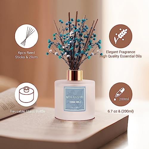 Molensun Reed Diffuser Set 6.7oz, Cashmere Vanilla Essential Oil Scented Diffuser with Sticks Preserved Real Flower Reed Diffuser Home Decor for Bathroom Guestroom & Gifts Stress Relieve