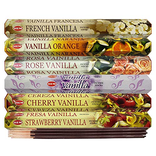 Hem Incense Sticks Variety Pack #18 and Incense Stick Holder Bundle with 6 Vanilla Fragrances