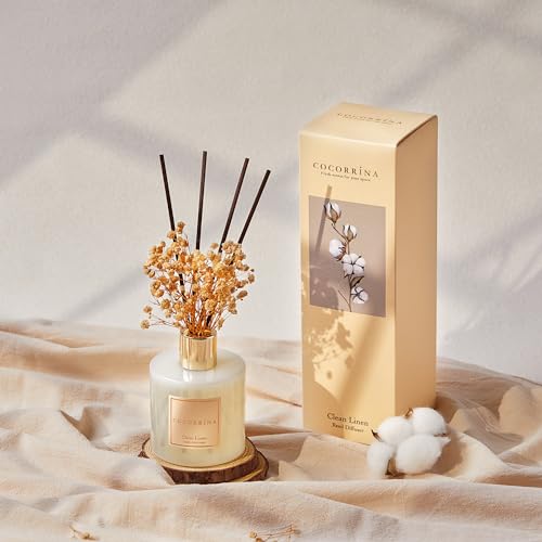 Cocorrína Reed Diffuser Set, 6.7 oz Clean Linen Scented Diffuser with Sticks Home Fragrance Reed Diffuser for Bathroom Shelf Decor