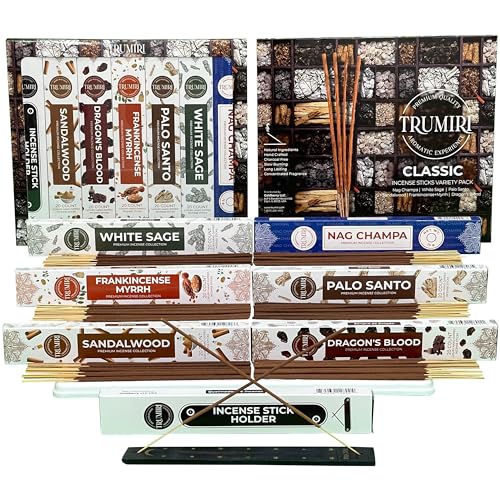 Classic Incense Sticks - Total 120 Insence-Sticks (20 Insense x 6 Inscents) - Inciensos Aromaticos Para La Casa Incents with Nag Champa Sage Palo Santo Frankincense Sandalwood etc. + Incense Holder