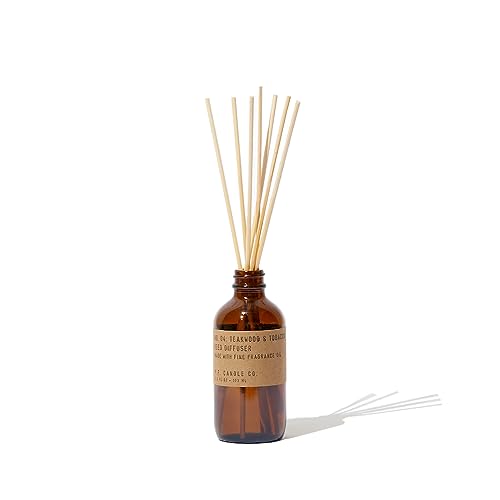 P.F. Candle Co. Teakwood & Tobacco Classic Scented Rattan Reed Diffuser (3.5 fl oz) Amber Glass Jar, Fine Fragrance Oil, Low Maintenance Scent Throw