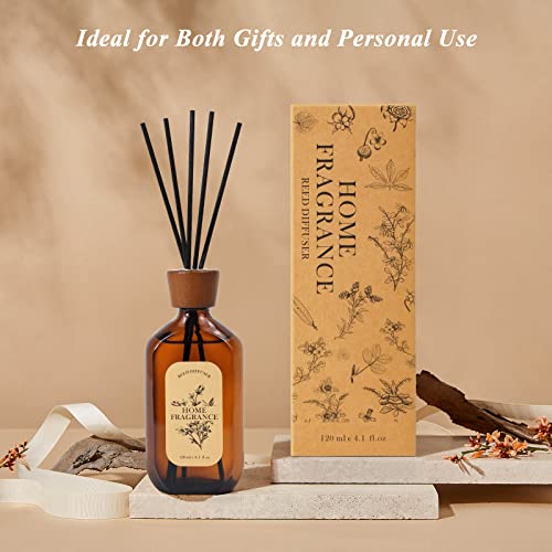 Reed Diffuser, Eucalyptus & Sage Reed Diffuser Scented includes 6 Rattan Scented Sticks Diffuser Reeds, Elegant Amber Glass Jar Reed Diffuser for Home Fragrance, 4.1 oz, Morther's Day Gift