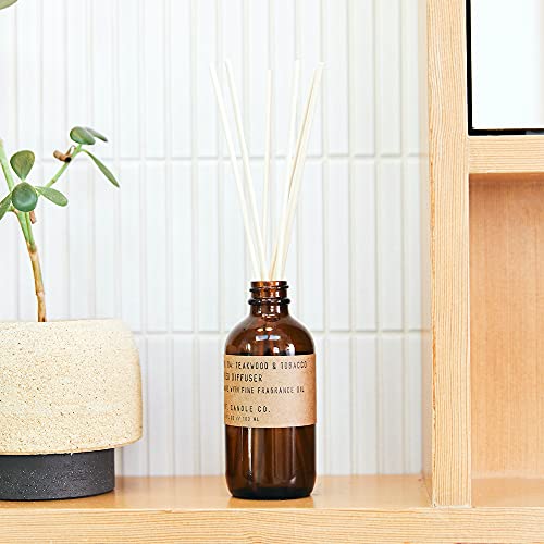 P.F. Candle Co. Teakwood & Tobacco Classic Scented Rattan Reed Diffuser (3.5 fl oz) Amber Glass Jar, Fine Fragrance Oil, Low Maintenance Scent Throw