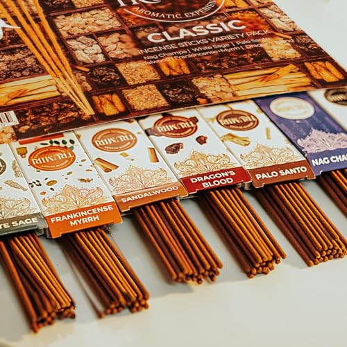 Classic Incense Sticks - Total 120 Insence-Sticks (20 Insense x 6 Inscents) - Inciensos Aromaticos Para La Casa Incents with Nag Champa Sage Palo Santo Frankincense Sandalwood etc. + Incense Holder