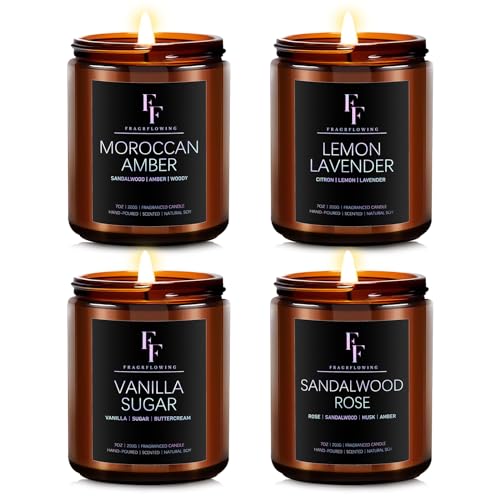 FF FRAGRFLOWING Scented Candles for Home Scented Aromatherapy Candles, 4 Pack 28 Oz Soy Wax Candle Gift Set for Women Men (Lemon Lavender/Vanilla Sugar/Sandalwood Rose/Moroccan Amber)