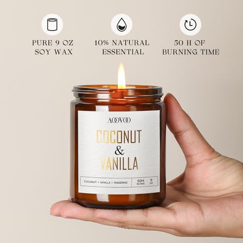 AOOVOO Vanilla Coconut Candle - Vanilla Candle, Scented Candles, Soy Candles, Aromatherapy Candle, Soy Wax Candle, Candle for Home Scented, 9oz
