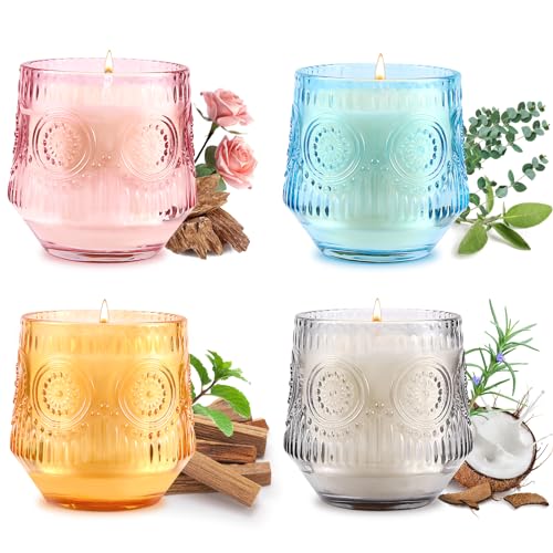 4 Pack Scented Candle Sets | Scented Candle for Home, Soy Candles for Home Scented, Candle Gifts for Women - Luxury Glass Jar Candle - Vanilla Coconut/Eucalyptus Sage/Rose&Oud/Sandalwood Patchouli