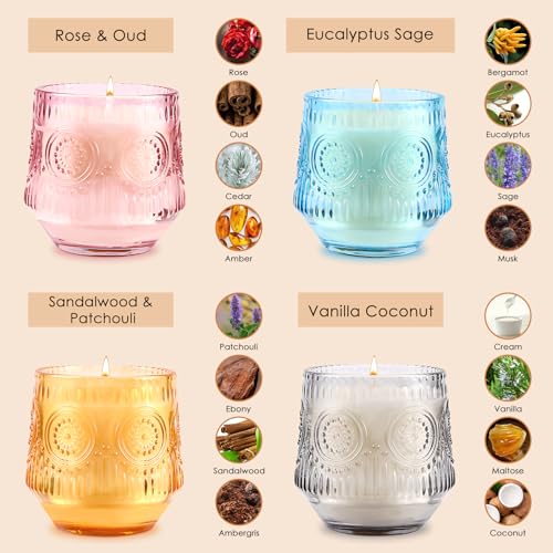 4 Pack Scented Candle Sets | Scented Candle for Home, Soy Candles for Home Scented, Candle Gifts for Women - Luxury Glass Jar Candle - Vanilla Coconut/Eucalyptus Sage/Rose&Oud/Sandalwood Patchouli