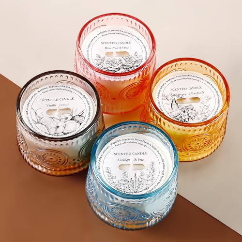 4 Pack Scented Candle Sets | Scented Candle for Home, Soy Candles for Home Scented, Candle Gifts for Women - Luxury Glass Jar Candle - Vanilla Coconut/Eucalyptus Sage/Rose&Oud/Sandalwood Patchouli