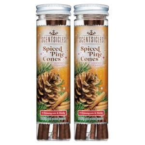 Scentsicles Spiced Pine Cones Scented Christmas Ornaments with Hooks - 2 Bottles (12 Sticks Total)