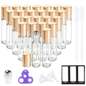 PrettyCare Essential Oil Roller Bottles 10ml (24 Pack Clear Glass Bottle with Gold Cap, 4 Extra Roller Balls，48 Labels, 2 Openers, 2 Funnels Roller Balls For Essential Oils, Roll on Bottles