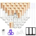 PrettyCare Essential Oil Roller Bottles 10ml (24 Pack Clear Glass Bottle with Gold Cap, 4 Extra Roller Balls，48 Labels, 2 Openers, 2 Funnels Roller Balls For Essential Oils, Roll on Bottles
