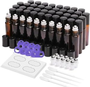 ULG Essential Oil Roller Bottles 48 Pack 10 ml Amber Glass Empty Bottles with Stainless Steel Roller Balls (10 extra balls, 4 Openers, 4 Droppers, 48 Waterproof Labels)