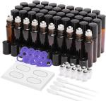 ULG Essential Oil Roller Bottles 48 Pack 10 ml Amber Glass Empty Bottles with Stainless Steel Roller Balls (10 extra balls, 4 Openers, 4 Droppers, 48 Waterproof Labels)