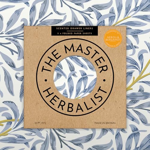 The Master Herbalist NEROLI & BERGAMOT Scented Drawer Liners in a BLUE WILLIAM MORRIS Design (FOLDED) | Pack of 5 Sheets | Contains Essential Oils | MADE in The UK.