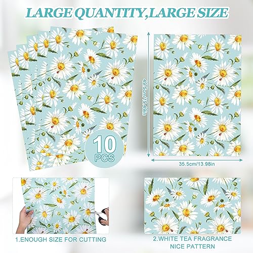 Whaline 10 Sheets Daisy Flower Drawer Liners White Tea Scented Shelf Liners Fragrant Drawer Paper Liners for Home Drawer Dresser Shelf Closet Cabinet, 19.5 x 14 Inch