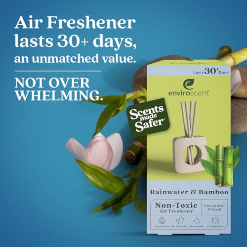Enviroscent Non-Toxic Air Freshener for Home (Rainwater & Bamboo) Essential Oil Diffuser | Air Freshener + Room Freshener | Home Fragrance Last Over 30 Days | 1 Mango Wood Stand & 1 Scent Stix Refill