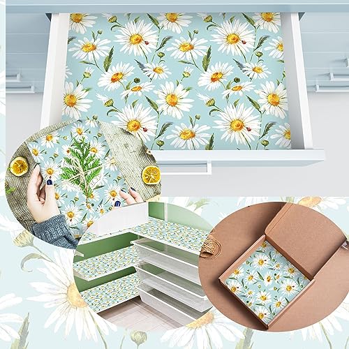 Whaline 10 Sheets Daisy Flower Drawer Liners White Tea Scented Shelf Liners Fragrant Drawer Paper Liners for Home Drawer Dresser Shelf Closet Cabinet, 19.5 x 14 Inch