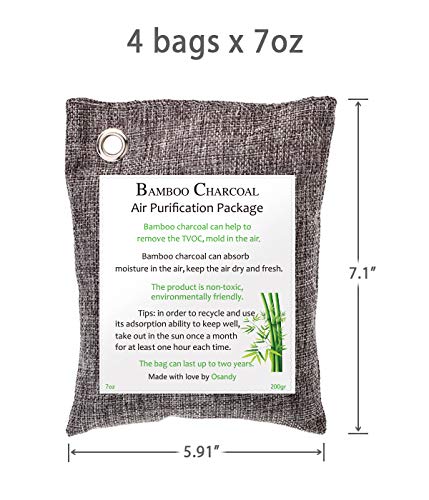 Osandy Bamboo Charcoal Air Purifying Bag 4 Pack, 200g Natural Air Freshener Bags Kid and Pet-Friendly Purifying Bags
