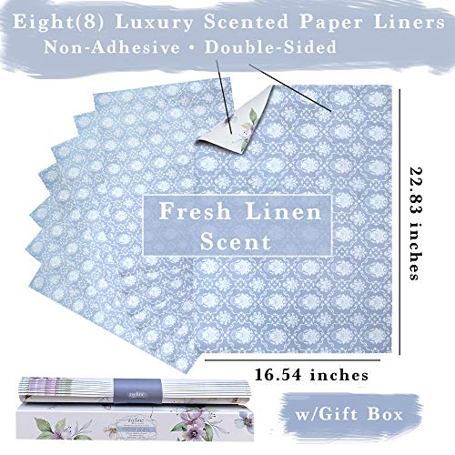 Linen Scented Drawer Liners for Dresser - 8 Sheets Non Adhesive Cabinet Liners for Shelves W/Double-Sided Pattern | Shelf Liners for Kitchen & Shelf Paper for Bathroom, Cupboard & Closets