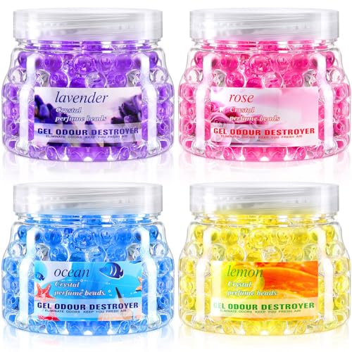 Dimsile 4 Pack Odor Eliminator Gel Beads, 11 Ounce Air Freshener, Eliminates Odor in Bathrooms, Cars, Boats, Rvs and Pet Areas, Bathroom Deodorizer Odor Eliminator (Lemon, Sea, Rose, Lavender Aroma)