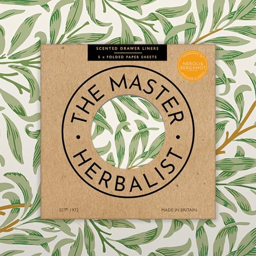 The Master Herbalist NEROLI & BERGAMOT Scented Drawer Liners in a WILLIAM MORRIS Design (FOLDED) | Pack of 5 Sheets | Contains Essential Oils | MADE in The UK.