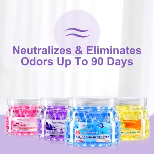 Dimsile 4 Pack Odor Eliminator Gel Beads, 11 Ounce Air Freshener, Eliminates Odor in Bathrooms, Cars, Boats, Rvs and Pet Areas, Bathroom Deodorizer Odor Eliminator (Lemon, Sea, Rose, Lavender Aroma)