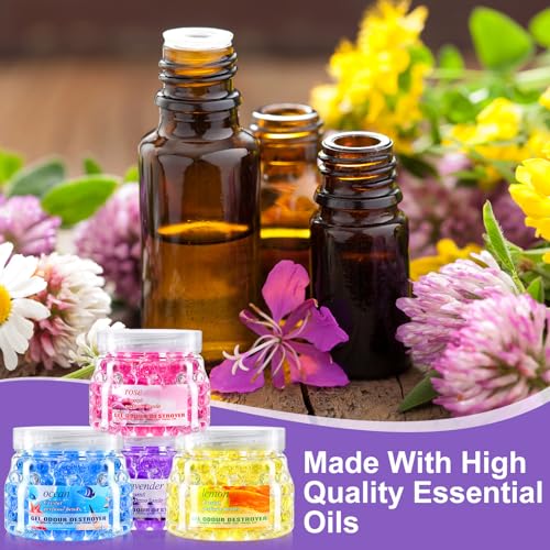 Dimsile 4 Pack Odor Eliminator Gel Beads, 11 Ounce Air Freshener, Eliminates Odor in Bathrooms, Cars, Boats, Rvs and Pet Areas, Bathroom Deodorizer Odor Eliminator (Lemon, Sea, Rose, Lavender Aroma)