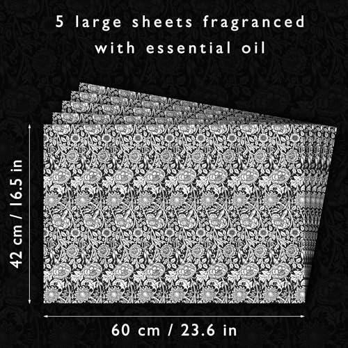 The Master Herbalist SANDALWOOD Scented Drawer Liners in a BLACK William Morris Design. Pack of 5 FOLDED Sheets | Contains SANDALWOOD Essential Oil | MADE in The UK.