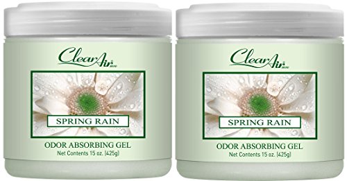 Clear Air Odor Absorber Gel - 15 oz, Pack of 2 - Air Freshener Absorbs and Eliminates Odors in Bathrooms, Cars, Boats, RVs and Pet Areas - Made with Essential Oils - Spring Rain Scent