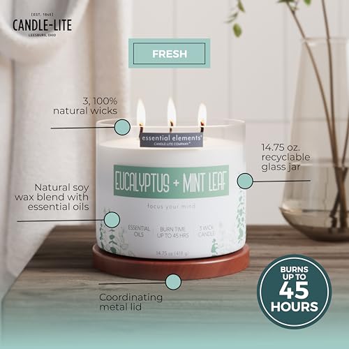 Essential Elements by Candle-lite Scented Candles, Eucalyptus & Mint Leaf Fragrance, One 14.75 oz. Three-Wick Aromatherapy Candle with 45 Hours of Burn Time, Off-White Color