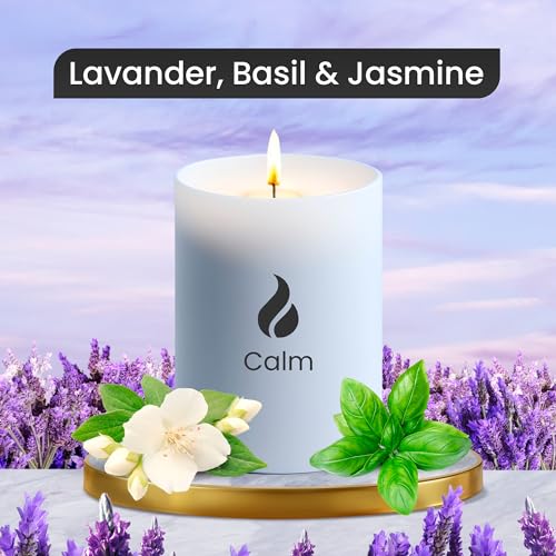 Natur IX Calming Scented Candles for Home | Lavender, Basil & Jasmine Candle | Natural Non Toxic Soy Candles with Essential Oils | 50 H Long Burning | Aromatherapy Candle Jar with Lid - 8.3oz