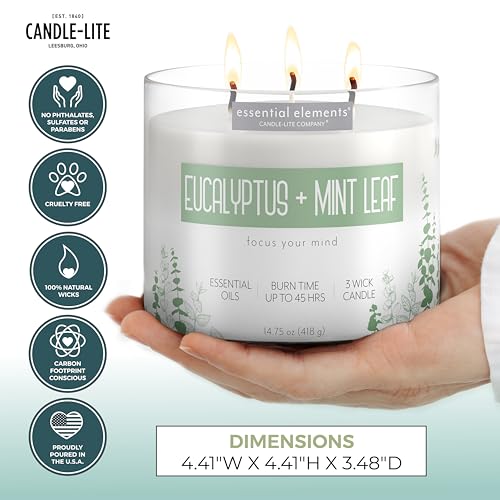 Essential Elements by Candle-lite Scented Candles, Eucalyptus & Mint Leaf Fragrance, One 14.75 oz. Three-Wick Aromatherapy Candle with 45 Hours of Burn Time, Off-White Color