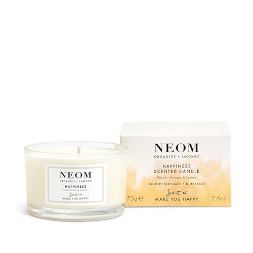NEOM- Happiness Scented Candle, Travel Size | Essential Oil Aromatherapy Candle | Neroli, Mimosa & Lemon | Scent to Make You Happy
